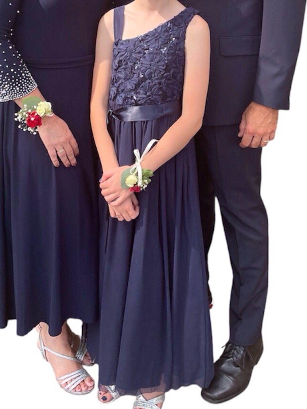 Poppies and Roses Girls Navy Sleeveless Floral Appliqué Formal Dress Satin Sash